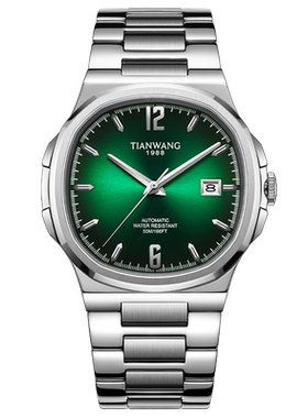 天王表蔚系列绿色大表盘方形机械手表男