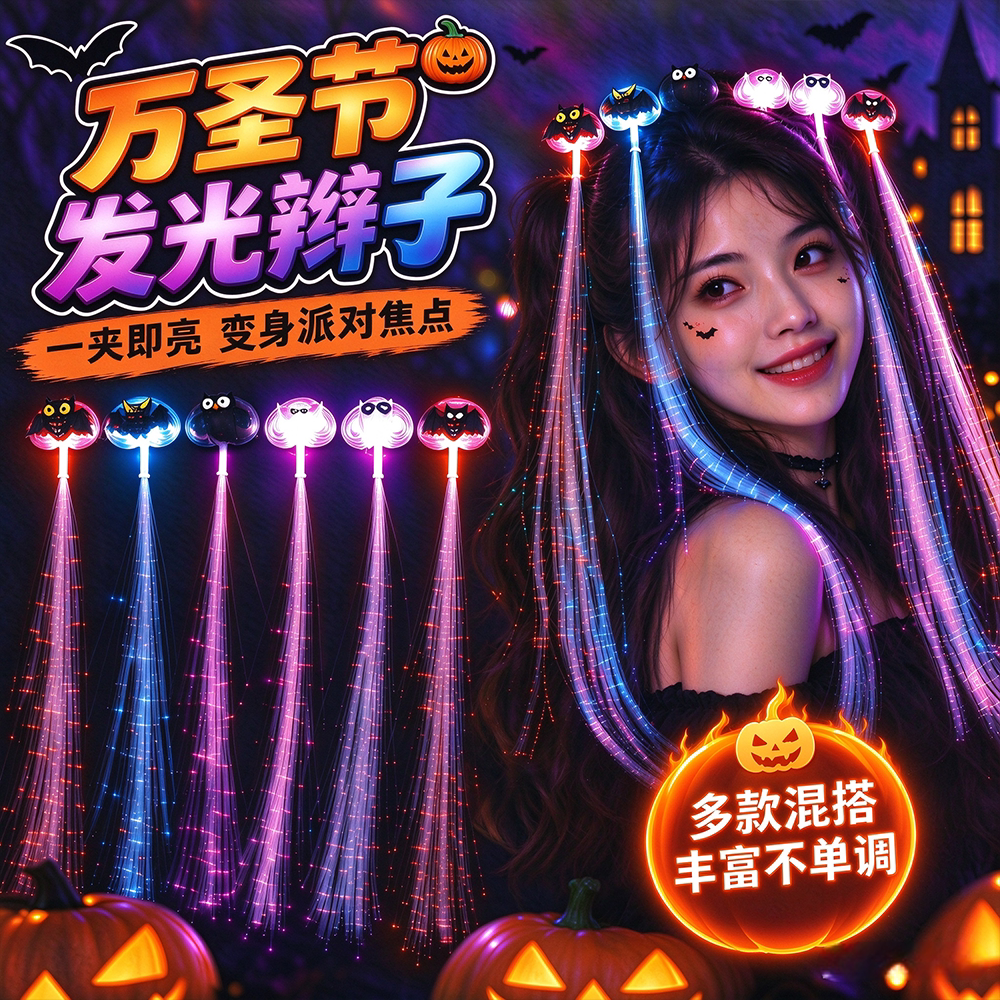 万圣节发光光纤辫子气氛道具夜光头饰造型闪光棒儿童成人通用PP