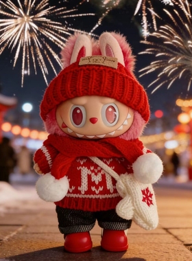 labubu新年衣服一代三代前方高能17cm拉布布娃衣过年红色毛衣套装