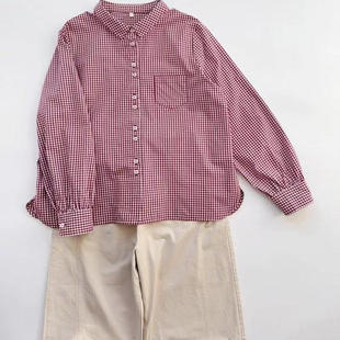 早春新款红白格纯棉衬衫百搭高品质天然长绒棉宽松版休闲方领衬衣