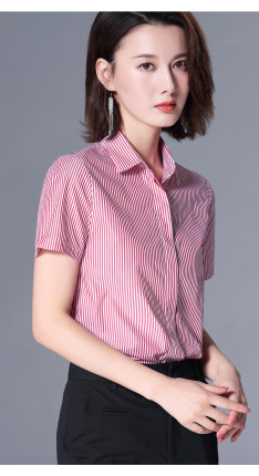 粉色条纹衬衫女短袖2025夏季新款职业气质休闲上衣锦棉衬衣设计感