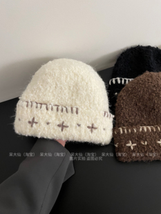 韩风ins~手工毛绒钩织针织帽女加厚保暖护耳毛线冷帽秋冬显脸小