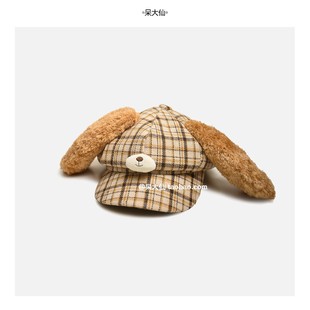 呆大仙 原创狗狗毛绒耳朵格纹帽子女y2k甜酷秋冬显脸小八角报童帽