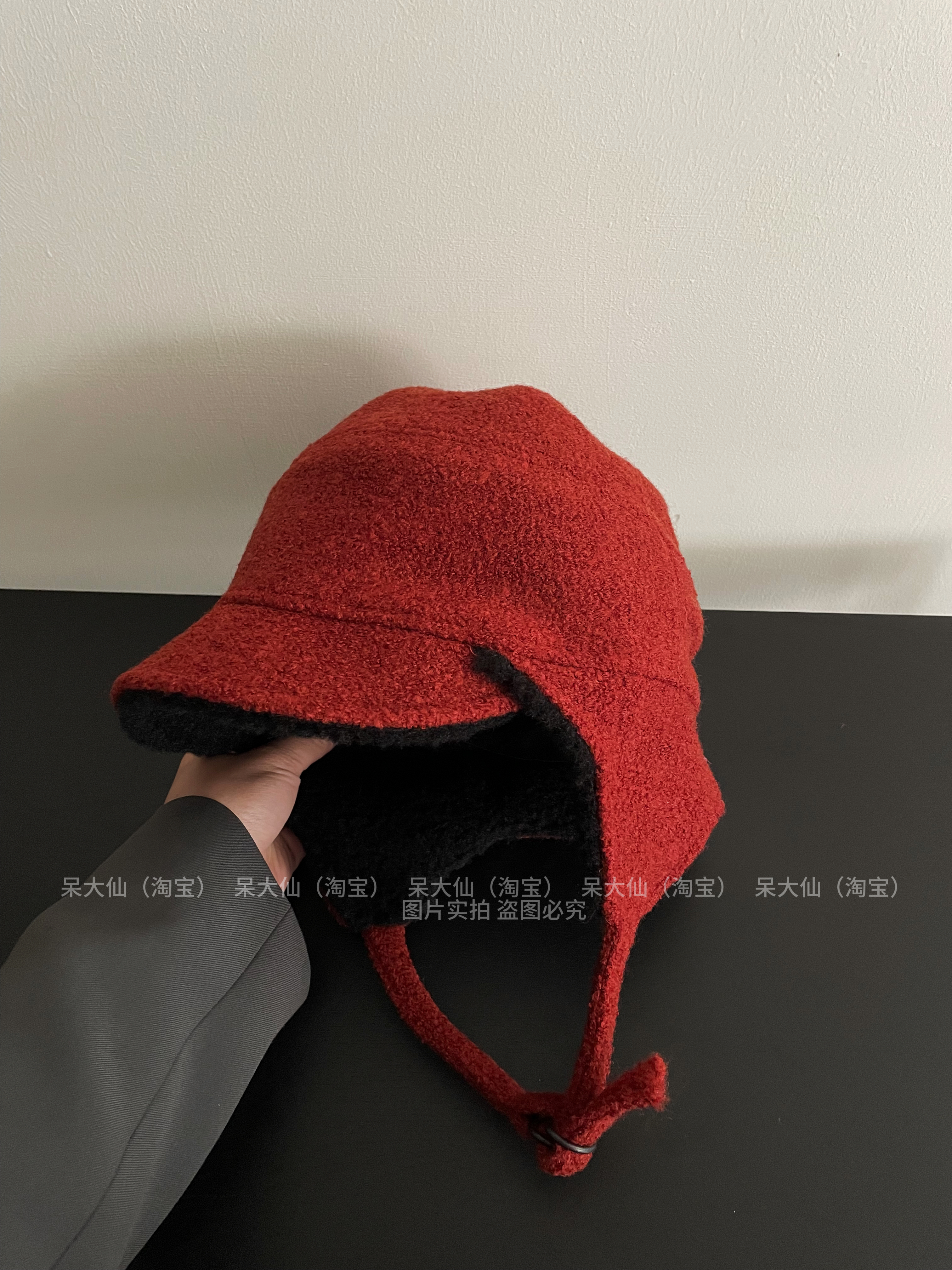 复古红色～ca4日系毛呢护耳帽子女秋冬季加绒加厚保暖飞行雷锋帽