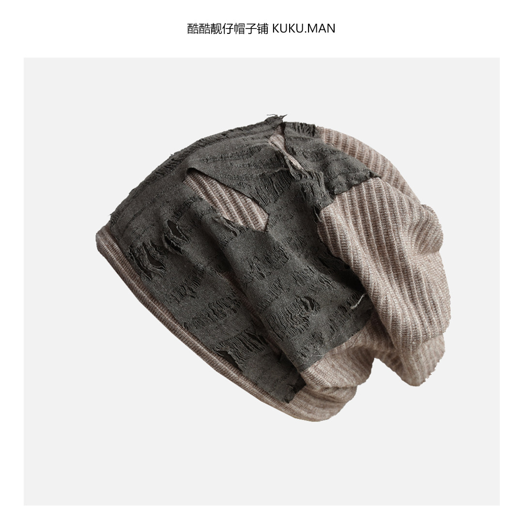 酷~ins个性针织堆堆帽小众设计破洞补丁暗黑毛线冷帽子男女秋冬潮