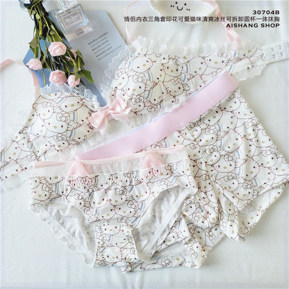 情侣三件套轻奢冰丝透气可爱猫咪一男一女舒适抑菌一体抹胸套装款