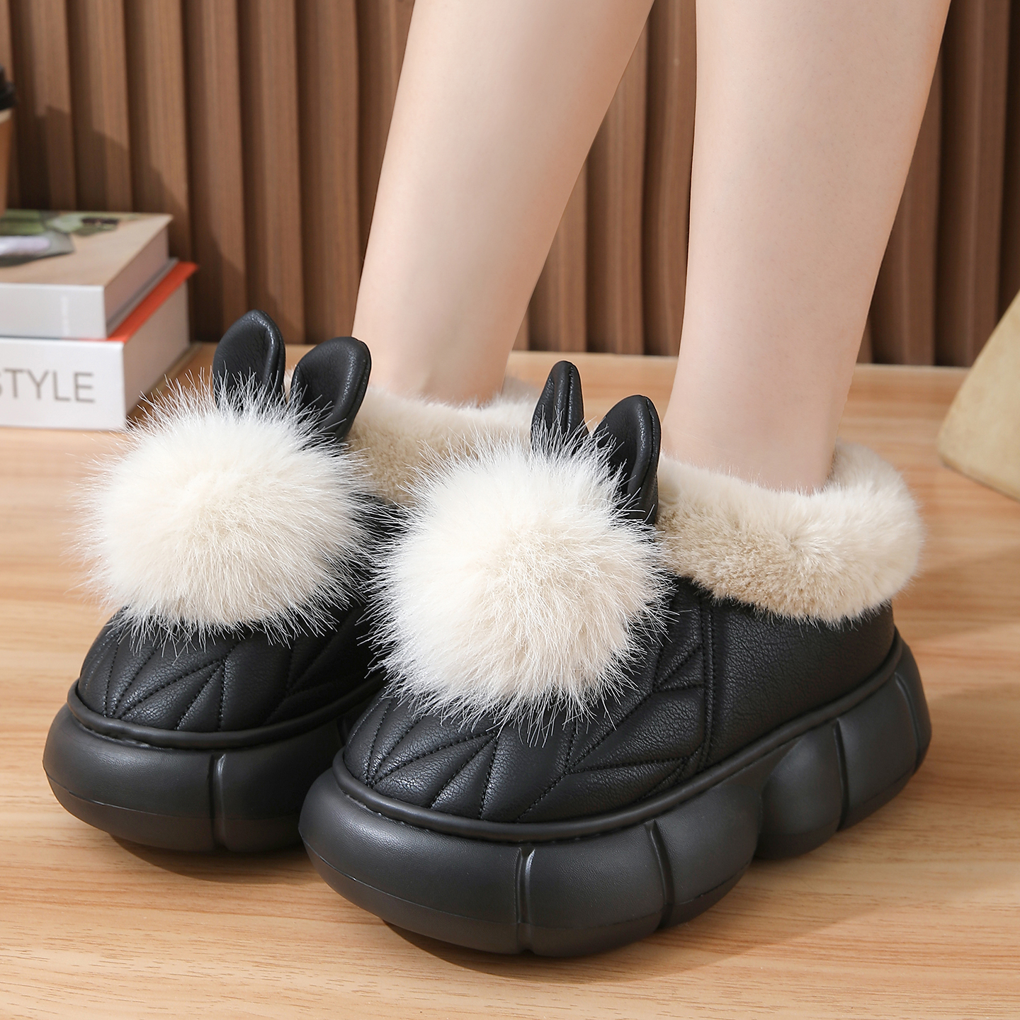 高跟棉拖鞋女包跟厚底居家毛毛PU皮拖鞋冬季加绒保暖棉鞋外穿增高
