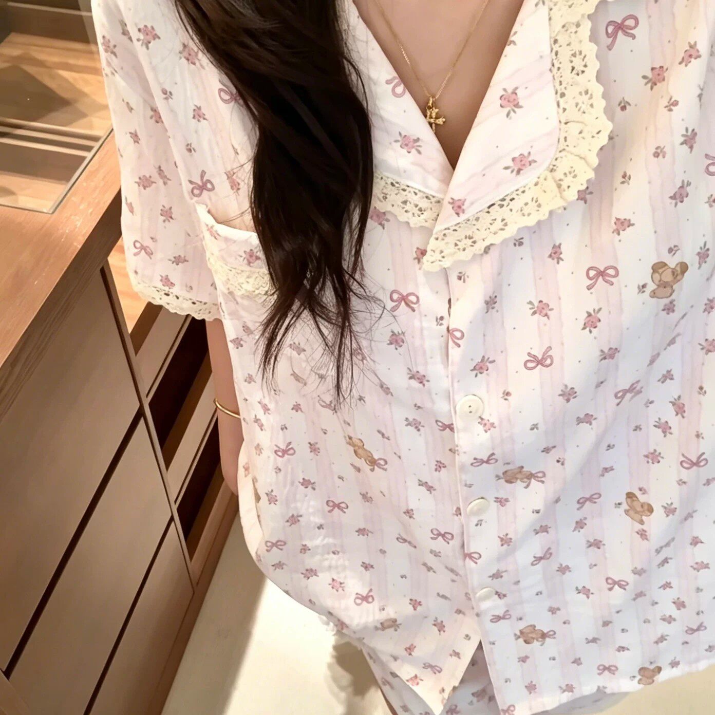 春夏碎花小熊胸垫睡衣三件套