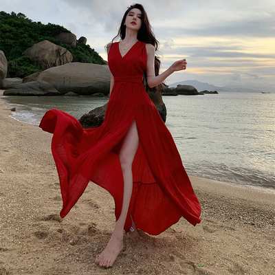 深V雪纺纯色性感绑带A字