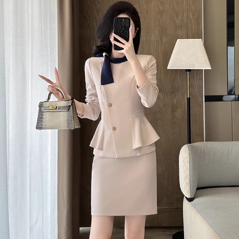 杏色职业套装女酒店前台珠宝店工作服美容院接待工装女士西装外套