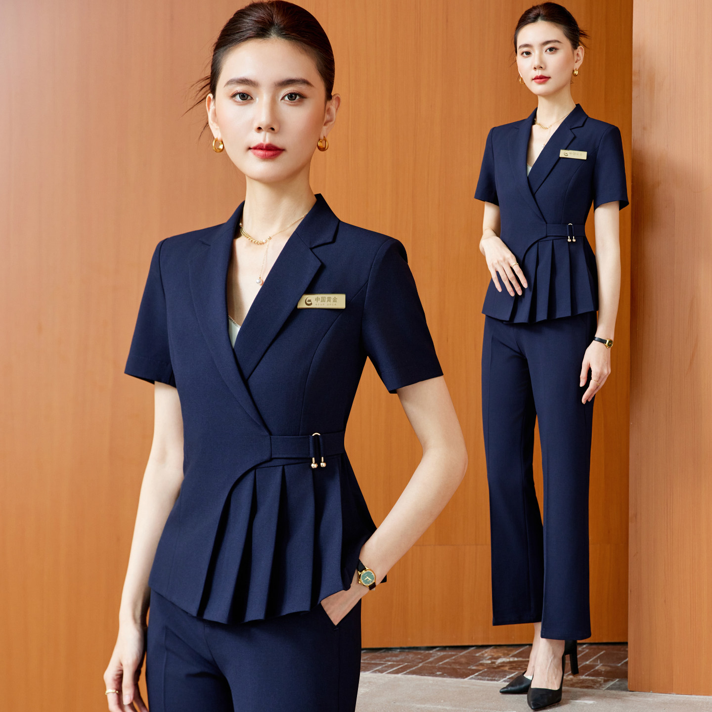 蓝色短袖西装套装女夏薄款珠宝店工作服高端酒店前台经理职业工装