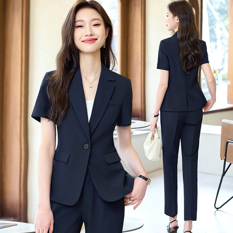藏青色短袖西装外套女2025夏季薄款经理正装工作服职业装西服套装