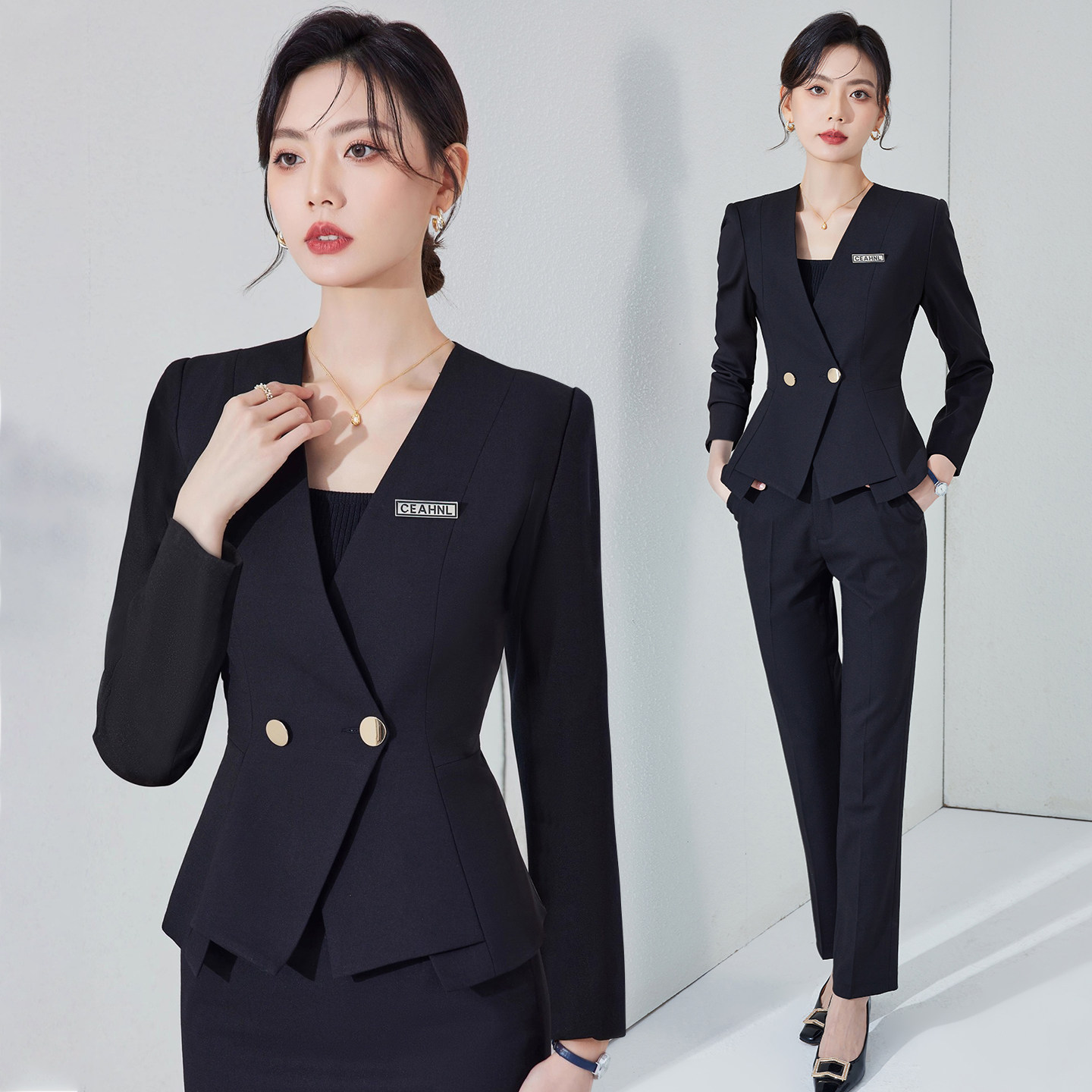 黑色西装外套女春秋新款美容院工作服前台接待职业装工装西服套装