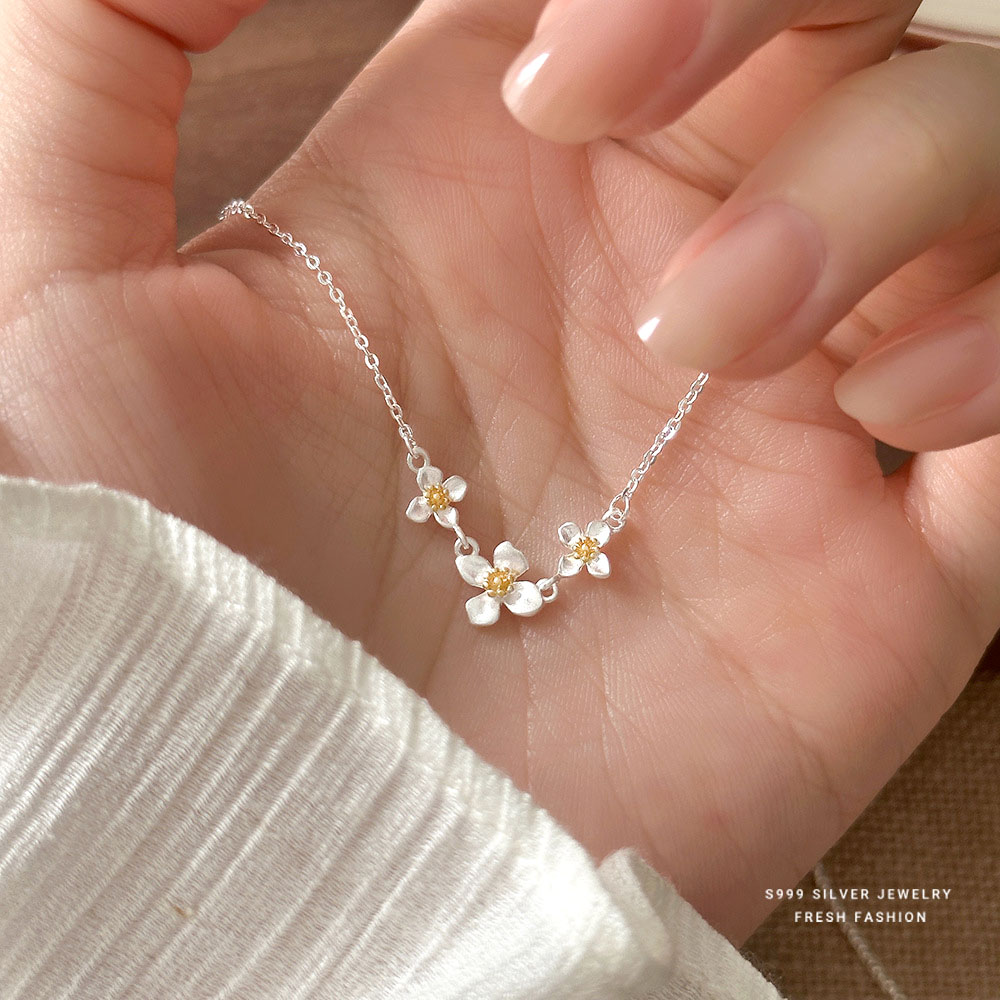 S999纯银简约磨砂素银小花项链女