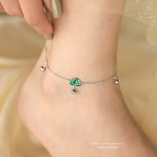 S999纯银滴胶莲花脚链国风脚饰品