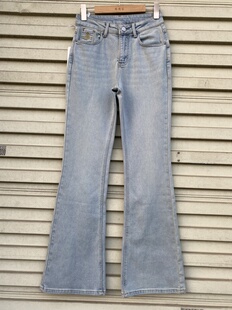 弹力浅色微喇叭牛仔裤 女植绒秋冬高腰显瘦百搭薄绒马蹄喇叭裤