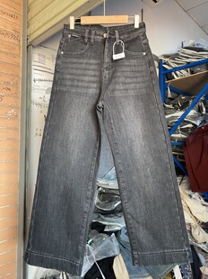 黑灰色直筒牛仔裤女2025冬季加绒弹力高腰显瘦九分窄版阔腿奶奶裤