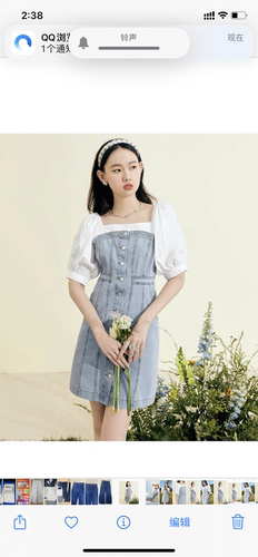 方领牛仔拼接连衣裙女夏季新款短袖泡泡袖显瘦A字裙子