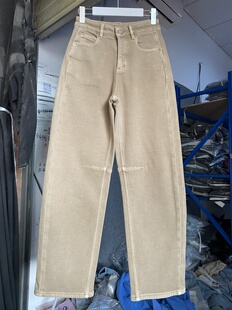 高腰弹力牛仔长裤 女2025加绒冬款 深卡其色加绒阔腿弯刀裤 超绝神裤