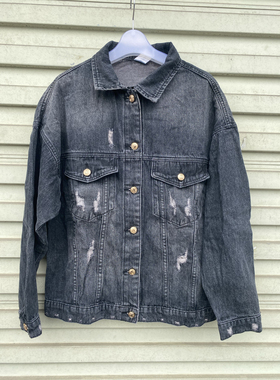 复古无弹水洗做旧破洞BF风男女同款春秋牛仔外套夹克