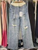 蓝色撞色高腰显瘦垂感拖地直筒裤 无弹破洞阔腿牛仔裤 女夏季