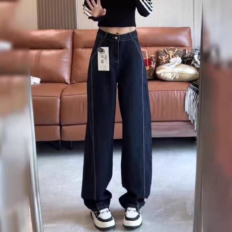 丹宁蓝色弯刀阔腿牛仔裤女秋季2026无弹高腰宽松显瘦直筒裤阔腿裤图片
