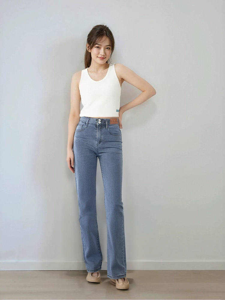 春款高弹烟管裤女士直筒牛仔裤子高腰显瘦复古风窄版阔腿长裤