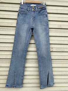 高弹力开叉抓毛磨毛微喇牛仔裤女秋冬薄绒高腰修身小个子喇叭裤