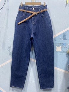 女冬季 无弹加绒花苞牛仔哈伦裤 加厚宽松百搭老爹牛仔裤 配腰带