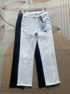 黑白色加绒牛仔裤小个子直筒裤冬季加绒二粒扣高腰弹力显瘦烟管裤