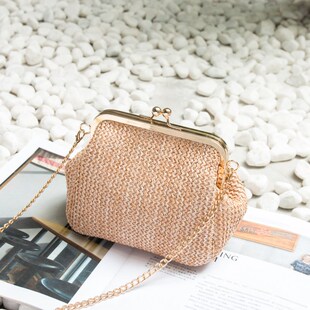 夏季小包包女2023新款潮韩版原色夹子迷你仿草编包单肩斜挎链条包