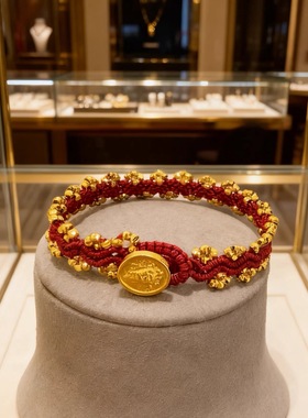 铜合金手链 精致高级感黄财神红绳手链女手工编绳蹦迪珠手绳配饰