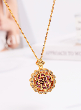 铜合金项链 新中式可转动铜币项链女红色罗盘设计毛衣链配饰