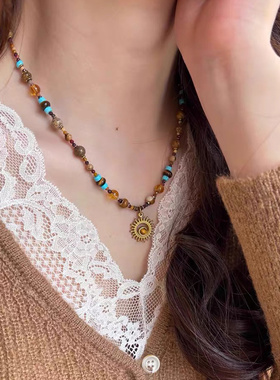 钛钢项链 小太阳项链女小众设计美拉德撞色锁骨链不褪色夏季配饰