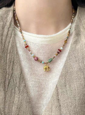 钛钢项链 不掉色小象彩色串珠项链女新中式百搭锁骨链夏轻奢配饰