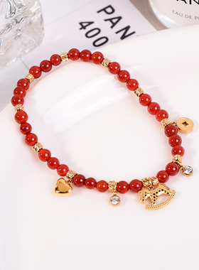 钛钢手链 新年马上有钱红色摇摇木马手链女轻奢串珠手环不褪色