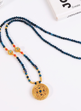 铜合金项链 新中式蓝色八宝罗盘项链女串珠高级感毛衣链烧蓝配饰