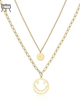 钛钢项链 小众设计双层毛衣项链女网红圆牌笑脸欧美大气衣服配饰