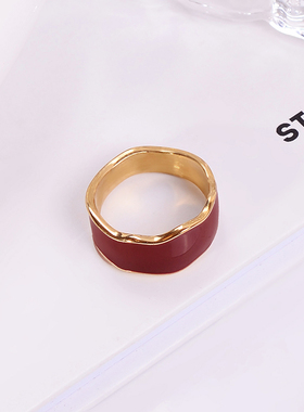 钛钢戒指 复古珐琅红色滴釉戒指女小众设计高级指环食指戒不褪色