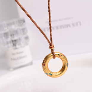 铜合金项链 繁花似锦平安扣棕绳项链女新中式珐琅实心挂坠配饰品