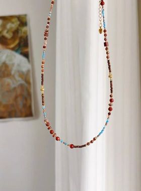 钛钢项链 复古度假风彩色串珠项链女新中式小众锁骨链夏配饰