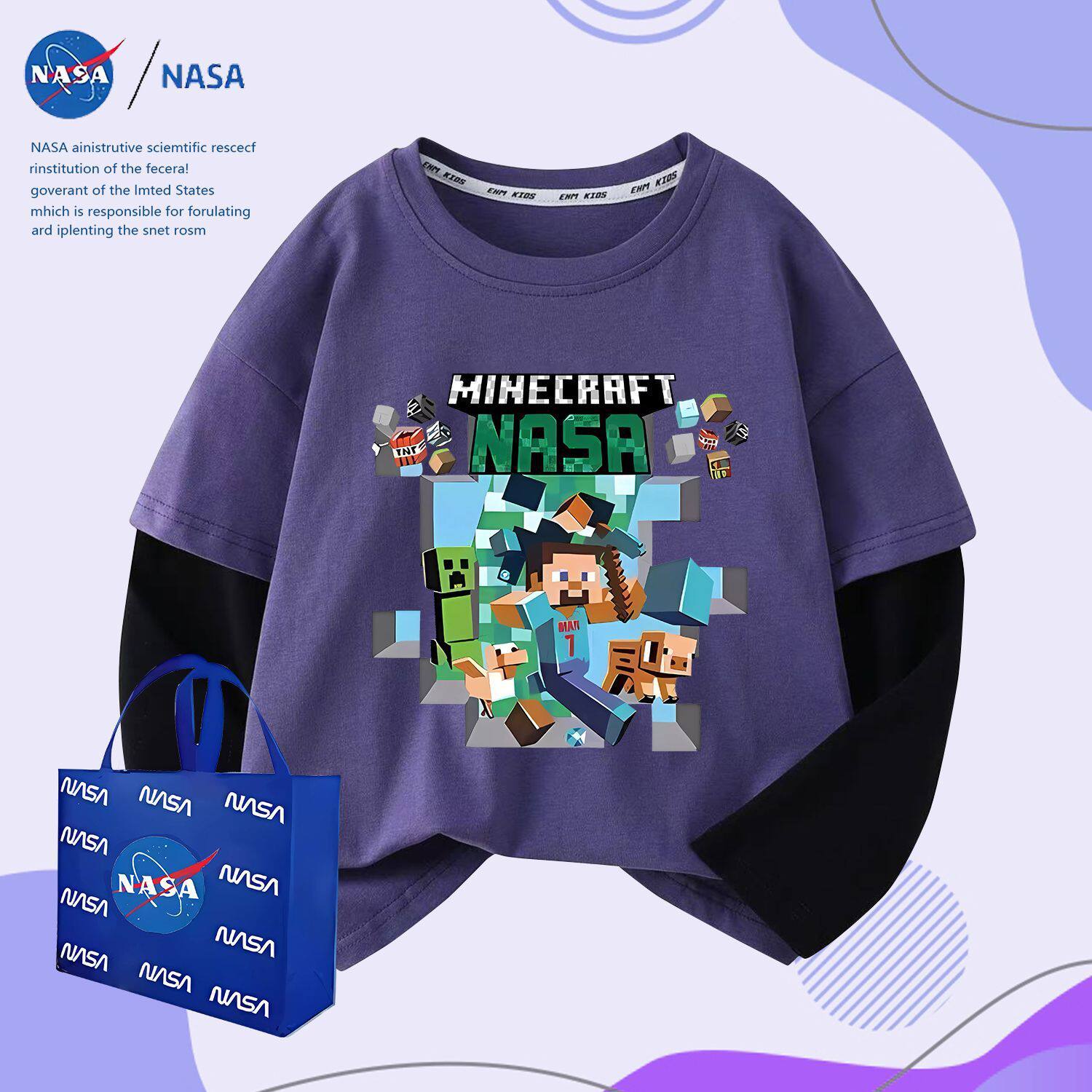 NASA我的世界史蒂夫纯棉假两件套上衣圆领休闲儿童男装长袖T恤衫