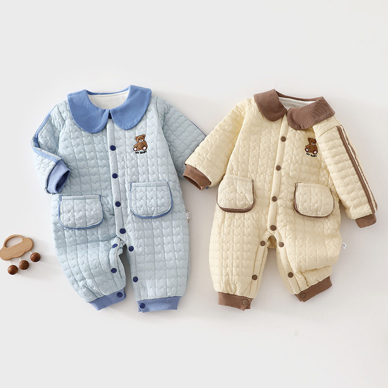 秋冬婴儿连体衣服夹棉三层保暖宝宝加厚棉服新生儿棉衣外套冬季
