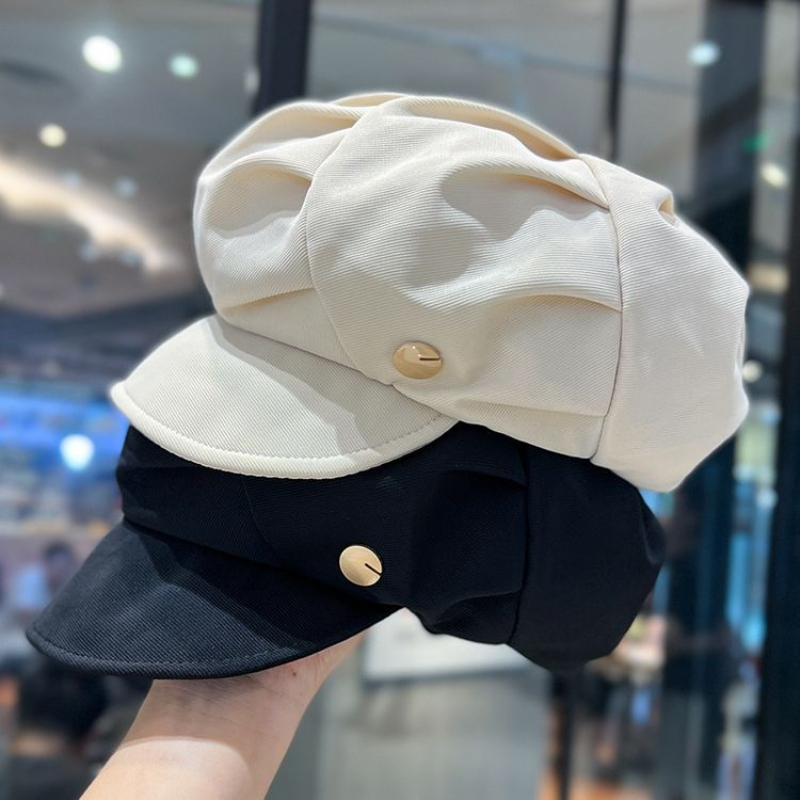 日系复古英伦风褶皱拼接贝雷帽女8角帽春秋百搭大头围