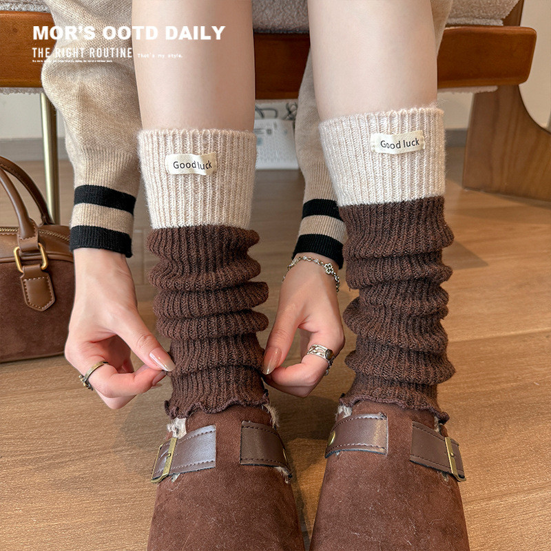 靴尚女士秋冬毛线堆堆袜撞色美拉德长筒袜加厚保暖棉袜搭配短靴