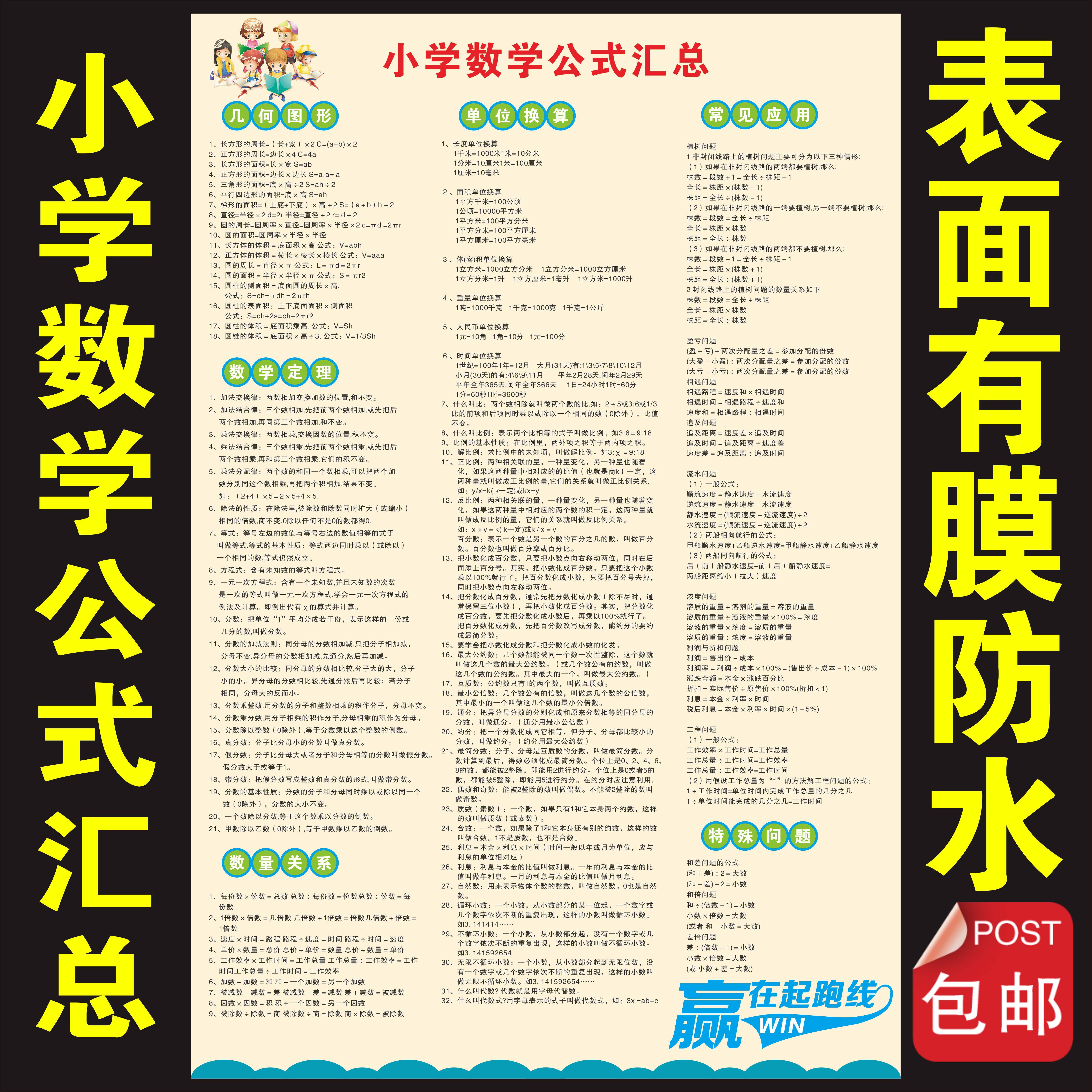 小学数学公式定理大全 小升初数学知识点汇总 小学生挂图海报墙贴