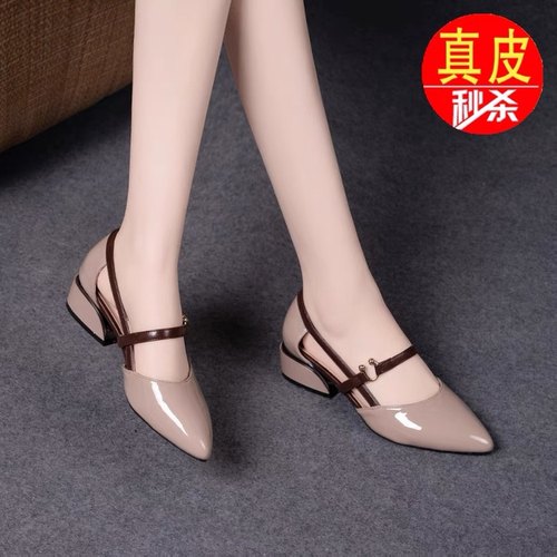 品牌2022新款夏季包头凉鞋女真皮中跟漆皮女鞋尖头中空平底皮鞋