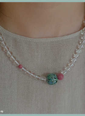 中式红木纹石项链天然白水晶