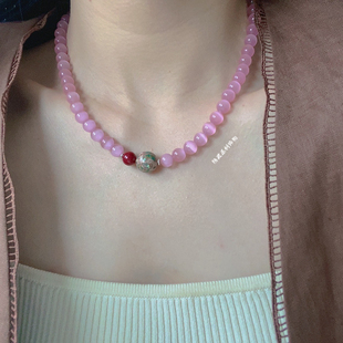 【桃之夭夭】原创桃花粉猫眼石大漆珠朱砂项链女小众串珠好运中式