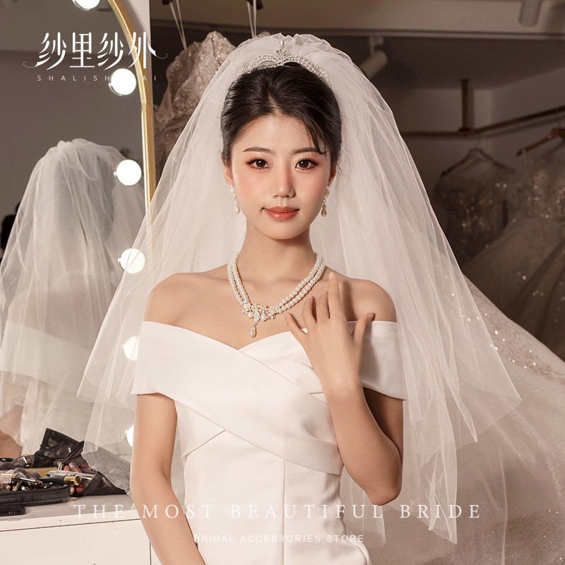 新品新娘皇冠三件套结婚纱头纱配饰珍珠王冠头饰项链求婚生日写真